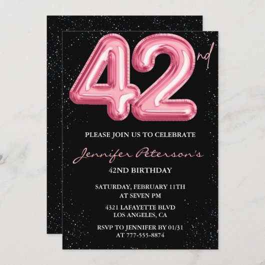 Invitation Parties scintillant Black Pink Balloon Glam 42e an (Devant / Derrière)