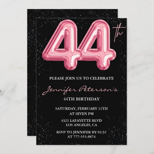Invitation Parties scintillant Black Pink Balloon Glam 44e an (Devant / Derrière)