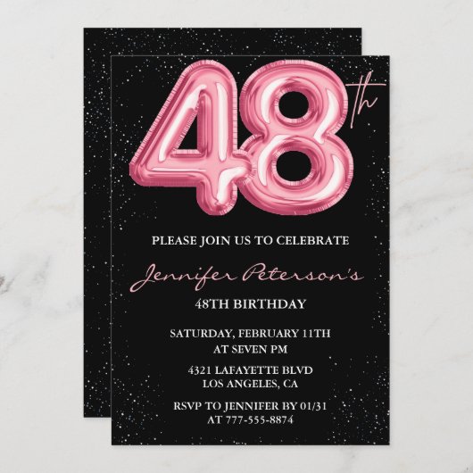 Invitation Parties scintillant Black Pink Balloon Glam 48e an (Devant / Derrière)