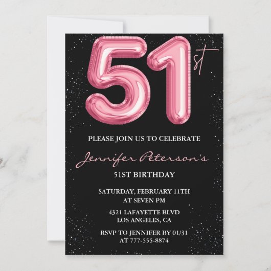 Invitation Parties scintillant Black Pink Balloon Glam 51e an (Devant)