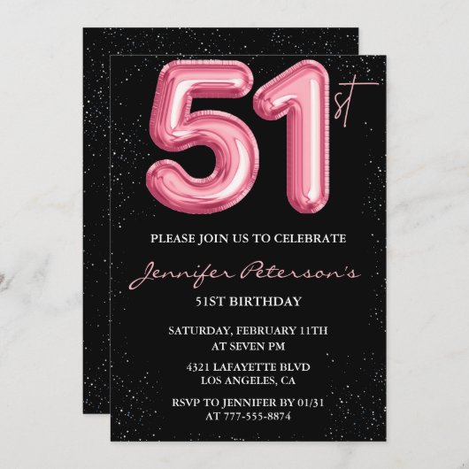 Invitation Parties scintillant Black Pink Balloon Glam 51e an (Devant / Derrière)
