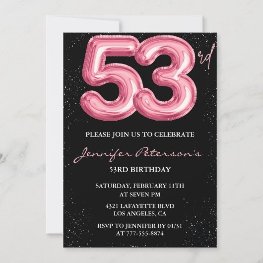 Invitation Parties scintillant Black Pink Balloon Glam 53e an (Devant)