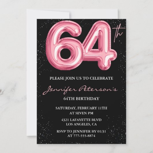 Invitation Parties scintillant Black Pink Balloon Glam 64e an (Devant)