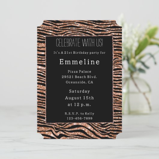 Invitation Parties scintillant Black Rose Gold Zebra (Debout devant)