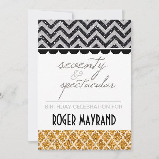 Invitation Parties scintillant Black, Silver, Gold 70th Birth (Devant)