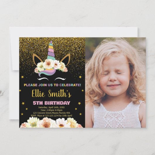 Invitation Parties scintillant Black Unicorn Anniversaire Inv (Devant)