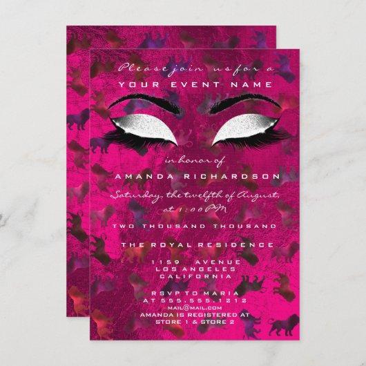 Invitation Parties scintillant blanche de maquillage rose vif (Devant / Derrière)