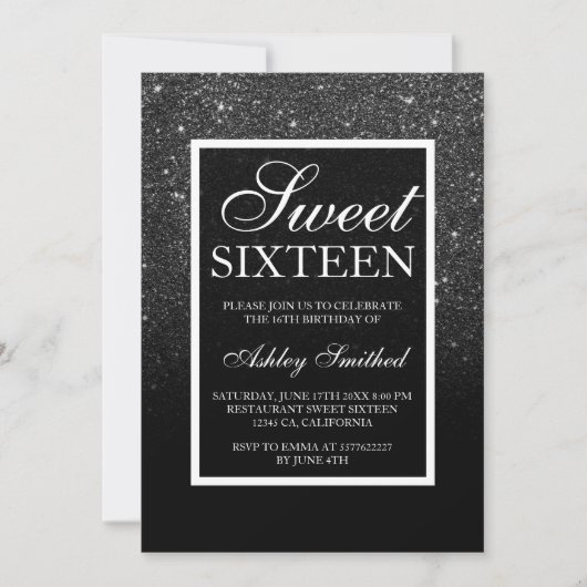 Invitation parties scintillant blanche noire élégant script c (Devant)