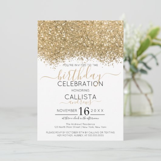 Invitation Parties scintillant blanche or moderne Confetti An (Debout devant)
