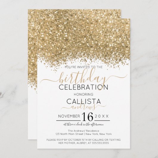 Invitation Parties scintillant blanche or moderne Confetti An (Devant / Derrière)