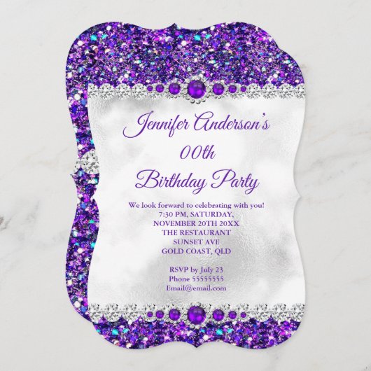 Invitation Parties scintillant blanche violet Pearl Diamond f (Devant / Derrière)