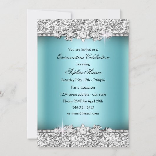 Invitation Parties scintillant bleu argent et bijoux Bow Quin (Dos)