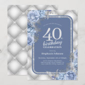 Invitation Parties scintillant bleu argent Floral 40e anniver (Devant / Derrière)