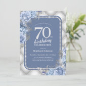 Invitation Parties scintillant bleu argent Floral 70e anniver (Debout devant)
