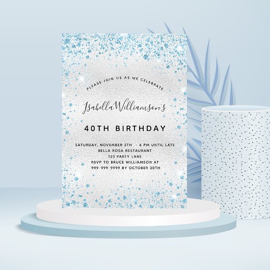 Invitation Parties scintillant bleu argenté d'anniversaire sc