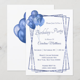 Invitation Parties scintillant Bleu Balloon Anniversaire
