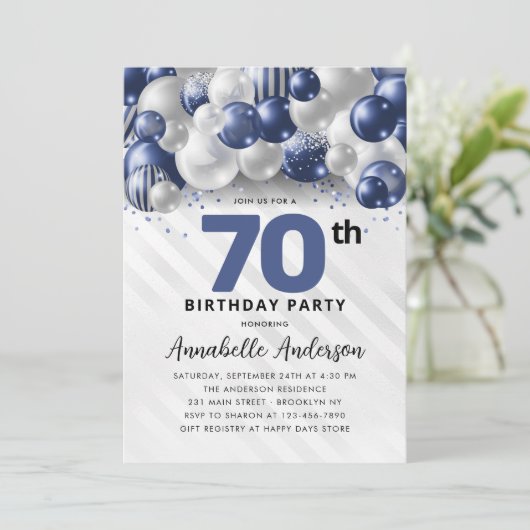 Invitation Parties scintillant bleu bleu marine en argent 70e (Debout devant)