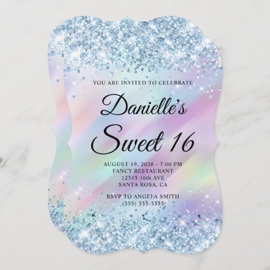 Invitation Parties scintillant bleu clair Aqua violet Hologra (Devant / Derrière)