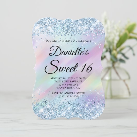 Invitation Parties scintillant bleu clair Aqua violet Hologra (Debout devant)