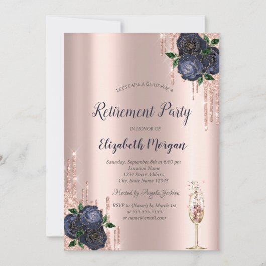 Invitation Parties scintillant, Bleu de la Marine Roses retra (Devant)