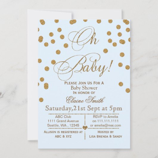 Invitation Parties scintillant bleu et or baby shower invitat (Devant)