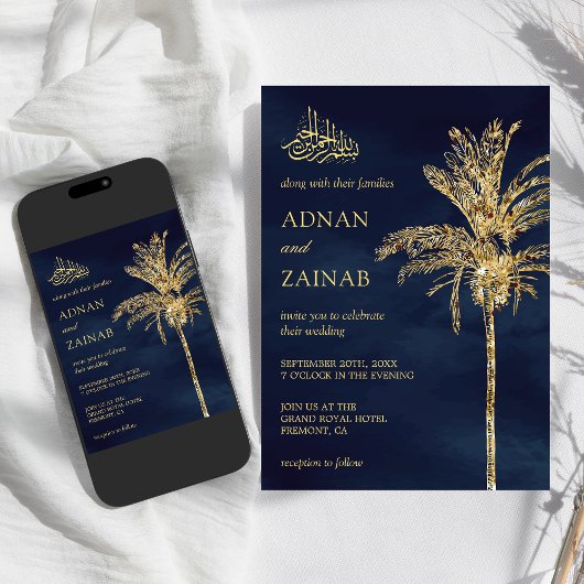 Invitation Parties scintillant bleu et or Date Palm Musulman 