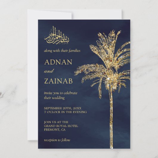 Invitation Parties scintillant bleu et or Date Palm Musulman  (Devant)