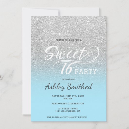 Invitation Parties scintillant bleu glace argent ombre violet (Devant)