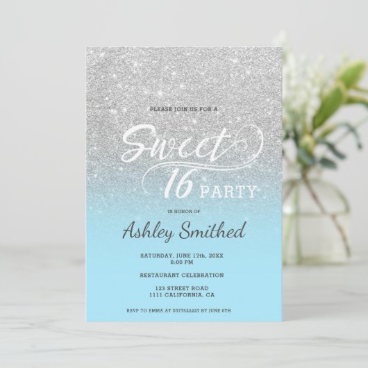 Invitation Parties scintillant bleu glace argent ombre violet (Debout devant)
