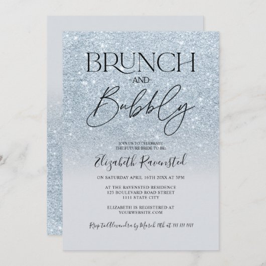 Invitation Parties scintillant bleu glacé brunch chic bulle d (Devant / Derrière)