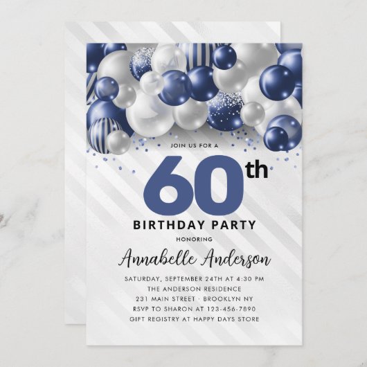 Invitation Parties scintillant bleu marine en argent 60e anni (Devant / Derrière)