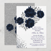 Invitation Parties scintillant bleu marine et argent Feuille  (Devant / Derrière)