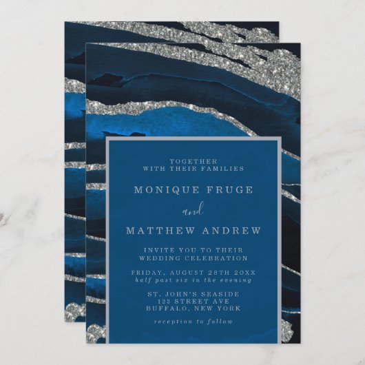 Invitation Parties scintillant bleu marine et argent Mariage (Devant / Derrière)