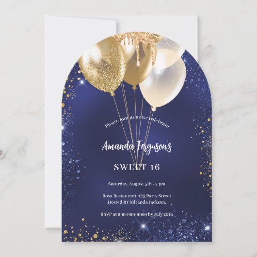 Invitation Parties scintillant bleu marine or ballons arc ann (Devant)