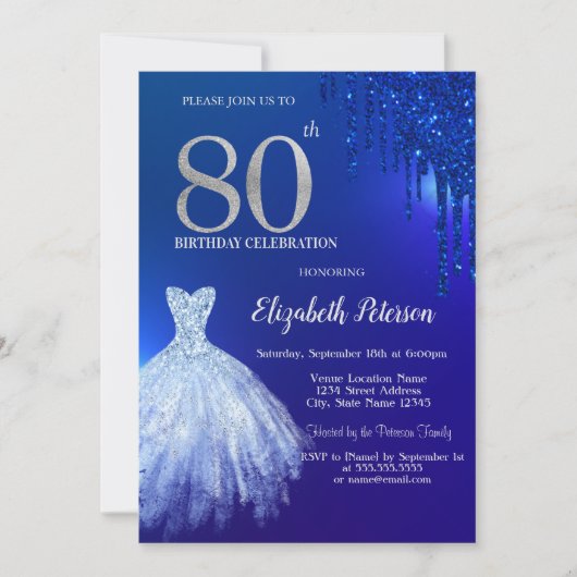 Invitation Parties scintillant bleu marine, robe bleu 80e ann (Devant)