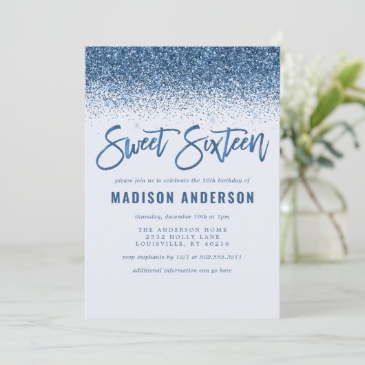 Invitation Parties scintillant bleu moderne Sweet 16 Annivers (Debout devant)