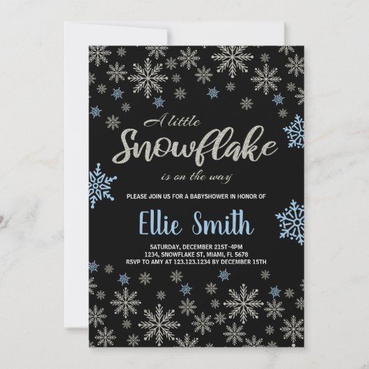 Invitation Parties scintillant Bleu Noir Hiver Bébé Douche In (Devant)