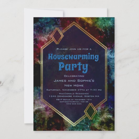 Invitation Parties scintillant bleu or géométrique (Devant)