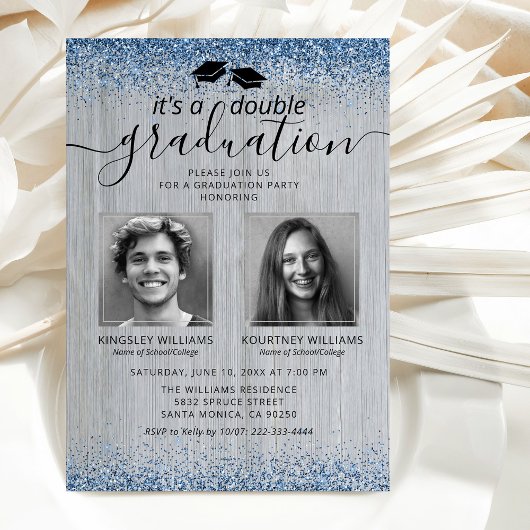Invitation Parties scintillant bleu rustique Double Graduatio