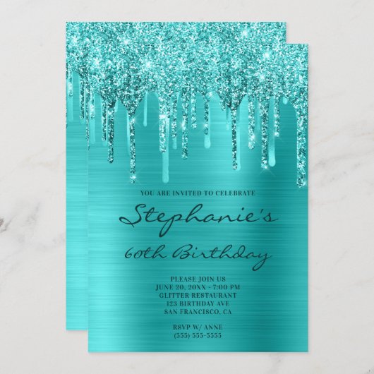 Invitation Parties scintillant bleu turquoise Flèche à huile  (Devant / Derrière)