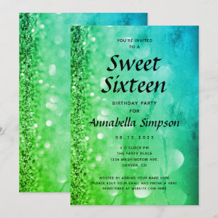 Invitation Parties scintillant Bleu Vert Sweet sixteen 16ème