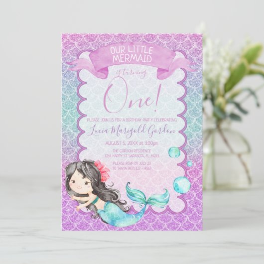 Invitation Parties scintillant bleu violet Sirène Première fê (Debout devant)