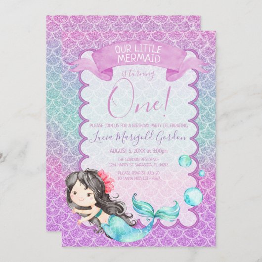 Invitation Parties scintillant bleu violet Sirène Première fê (Devant / Derrière)