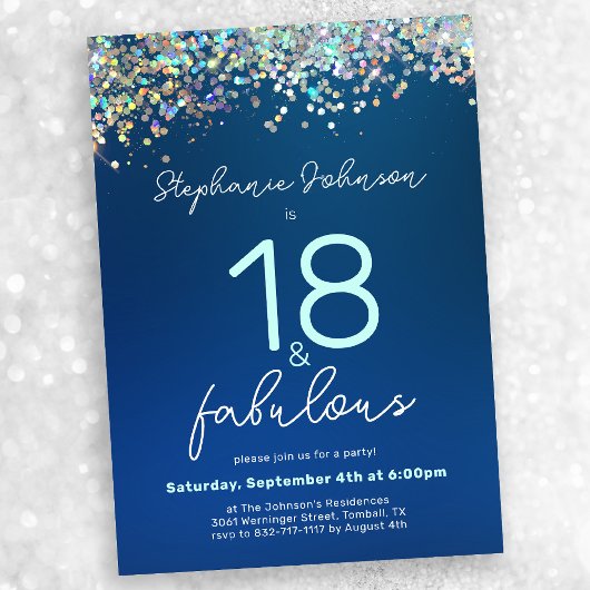 Invitation Parties scintillant Bleue 18 et Fabulous 18th Birt