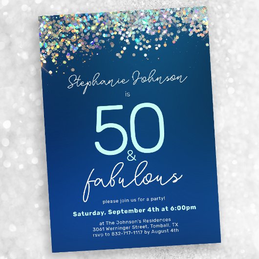 Invitation Parties scintillant bleue 50 et Fabulous 50th Birt