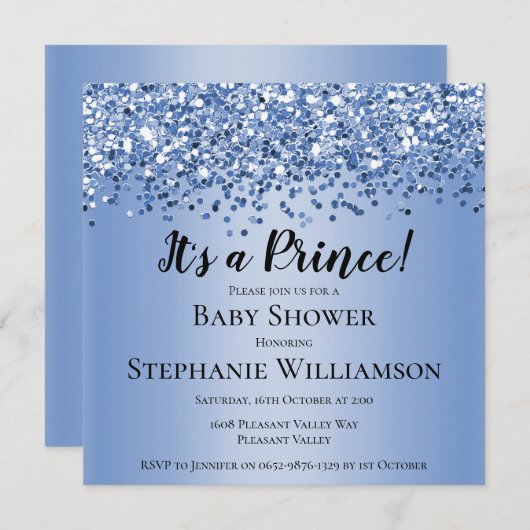 Invitation Parties scintillant bleue Baby shower Prince (Devant / Derrière)