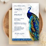 Invitation Parties scintillant Bleue Chic moderne Peacock Mar<br><div class="desc">Éblouissez vos invités avec cette élégante invitation de mariage à thème paon avec un beau paon avec des plumes vives et une typographie moderne sur un arrière - plan en marbre blanc. Ajoutez simplement les détails de votre événement sur ce modèle facile à utiliser pour en faire une invitation unique....</div>