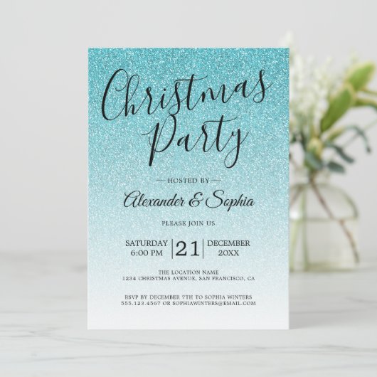Invitation Parties scintillant Bleue Chic Script Ombre Noël P (Debout devant)