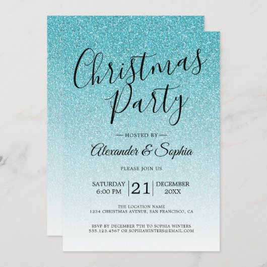 Invitation Parties scintillant Bleue Chic Script Ombre Noël P (Devant / Derrière)