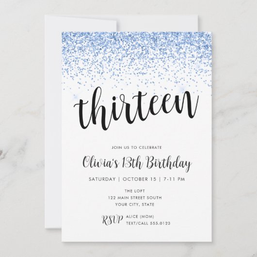 Invitation Parties scintillant Bleue Confetti Frontière Anniv (Devant)